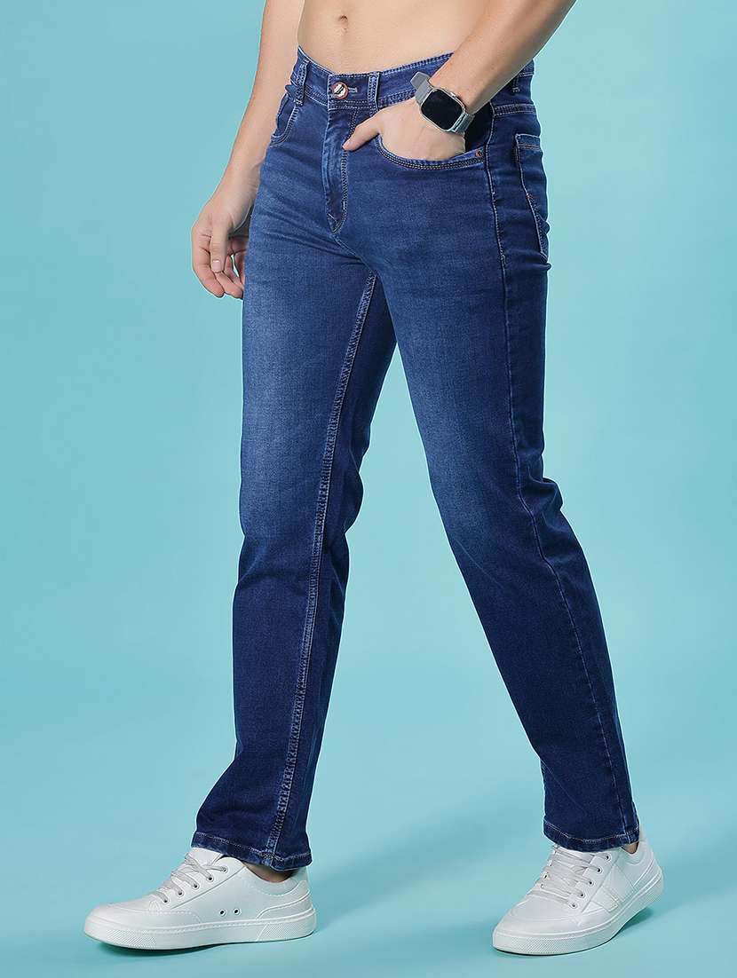 men washed mid rise full length jean