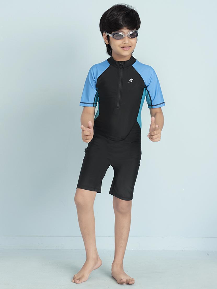 boys color block sports wear round neck swimsuit