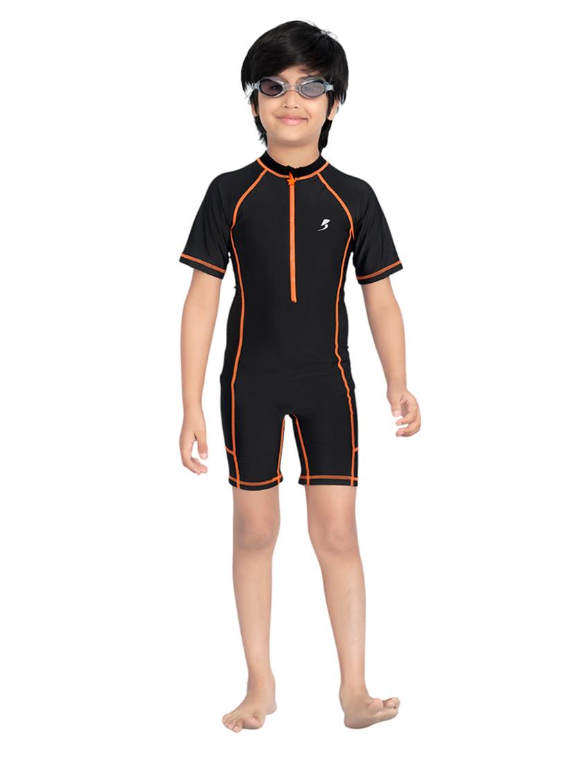 boys solid sports wear round neck swimsuit with goggles - 22011991 - Zoom Image - 0
