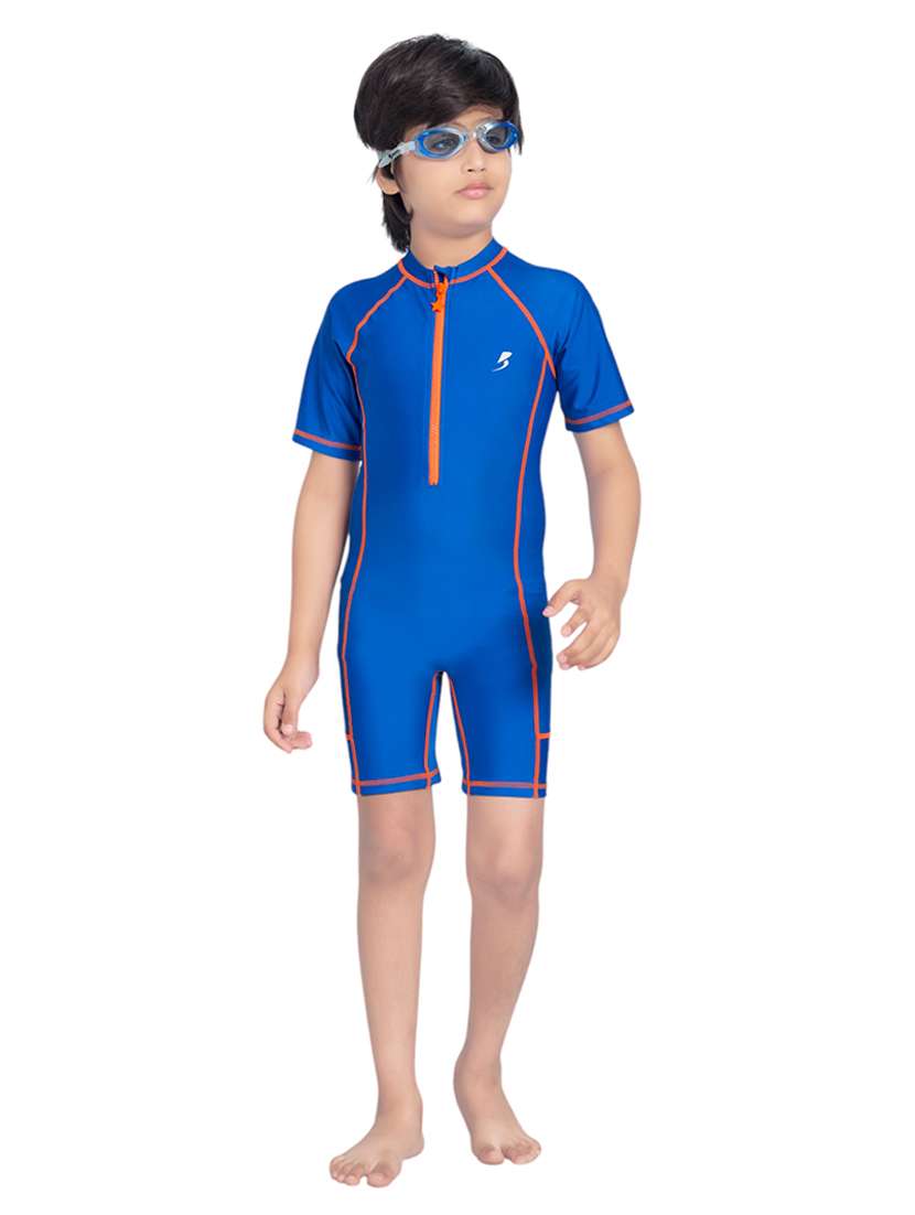 boys solid sports wear round neck swimsuit with goggles
