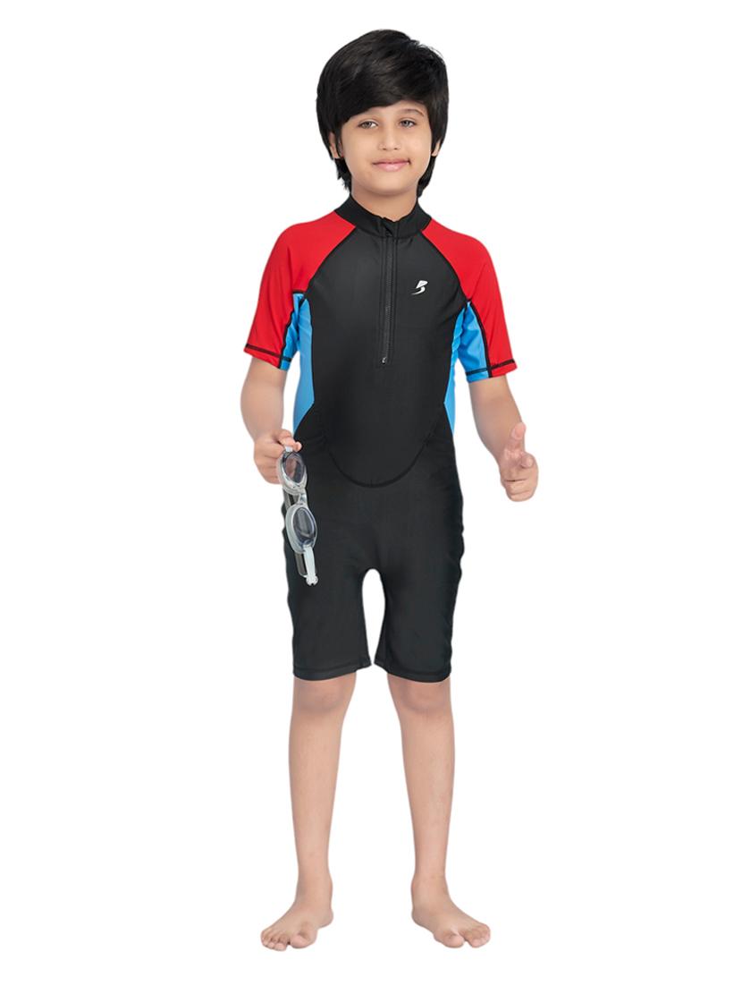 boys color block sports wear round neck swimsuit with goggles - 22011996 - Zoom Image - 0