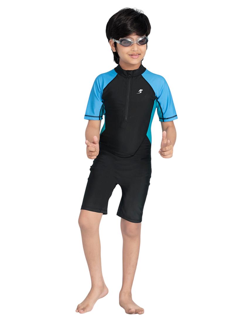 boys color block sports wear round neck swimsuit with goggles