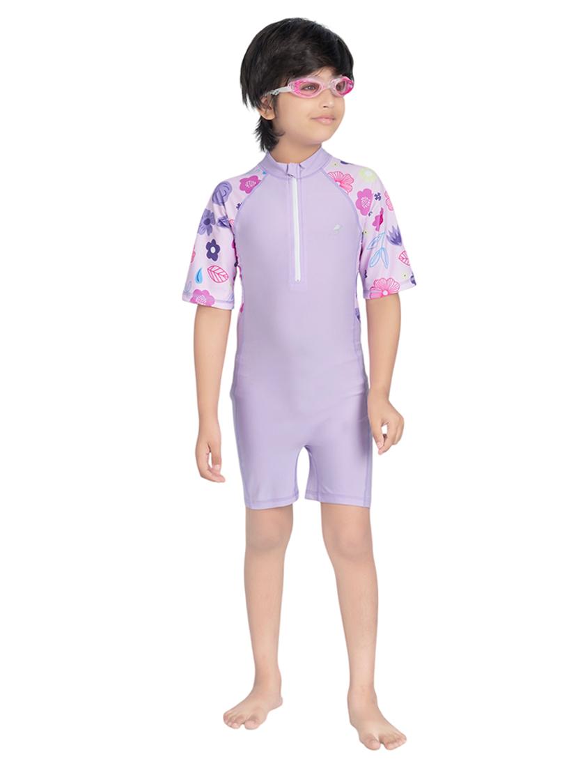 boys printed sports wear round neck swimsuit with goggles