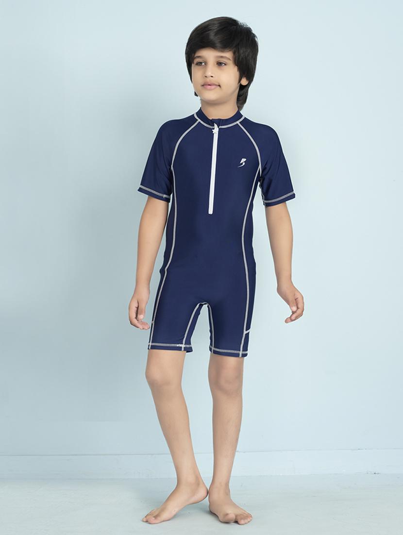 boys solid sports wear round neck swimsuit