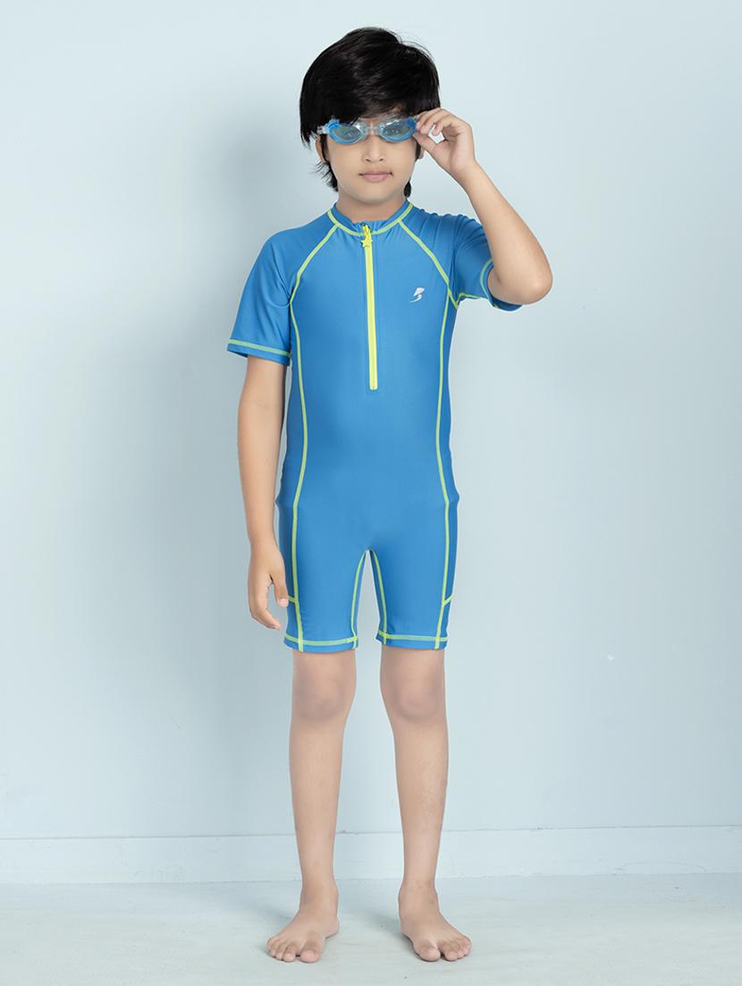 boys solid sports wear round neck swimsuit