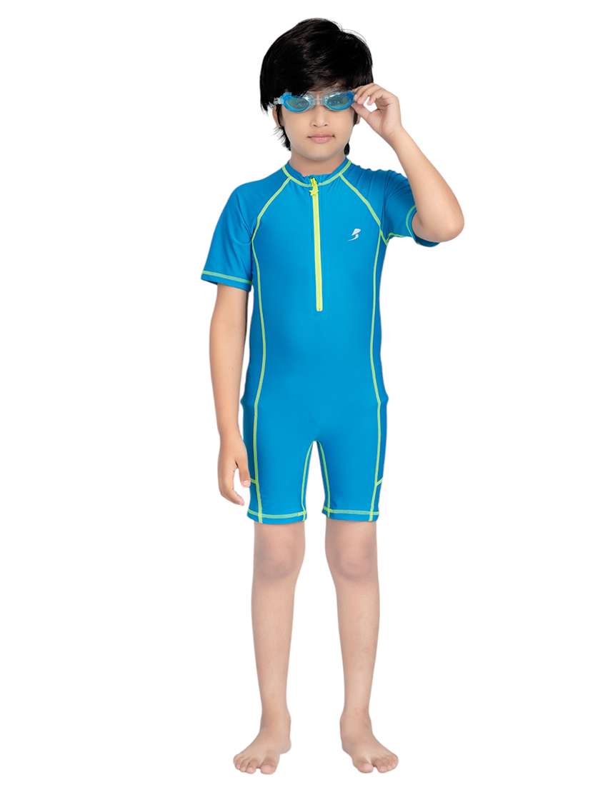 boys blue solid short sleeve swimwear with swimming glasses - 22012002 - Zoom Image - 0