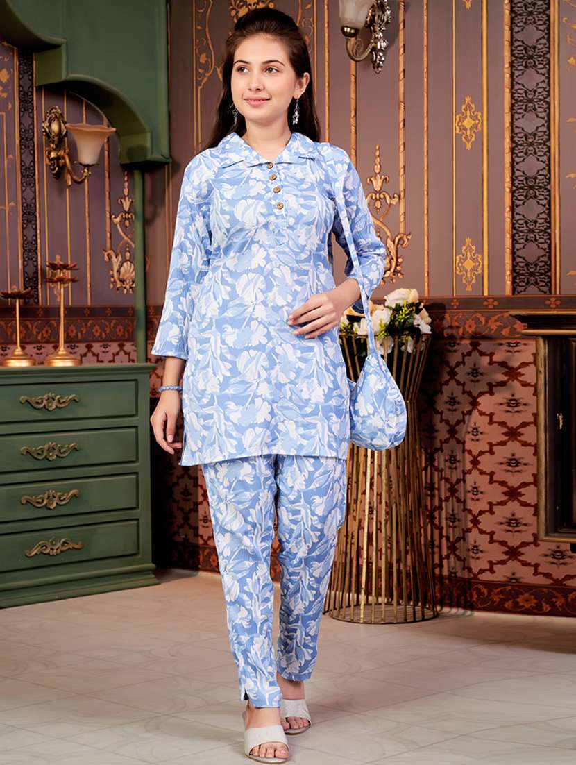 girls floral print collared kurta and pant set