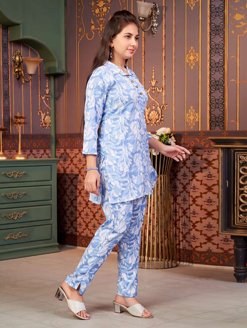 girls floral print collared kurta and pant set - 22012003 -  Standard Image - 3