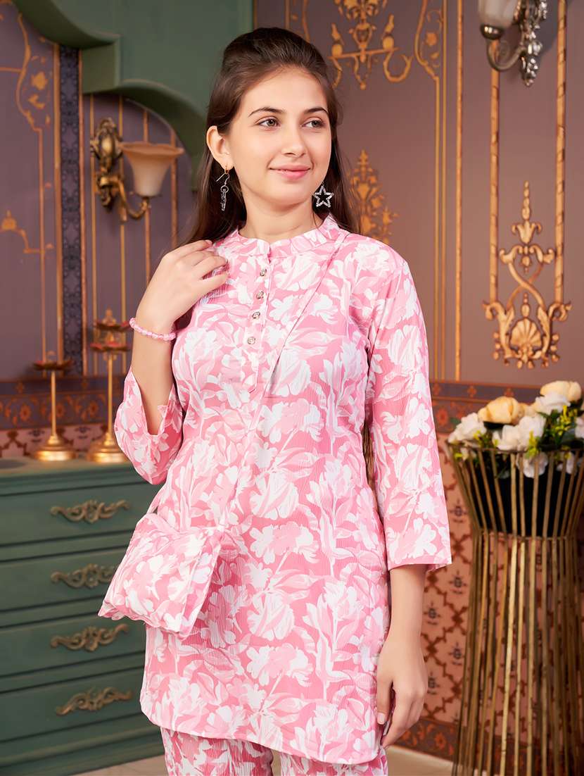 girls floral print collared kurta and pant set - 22012004 -  Standard Image - 3