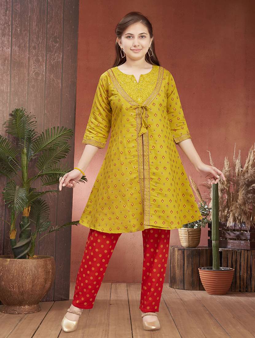 girls embroidered notch neck kurta and pant set