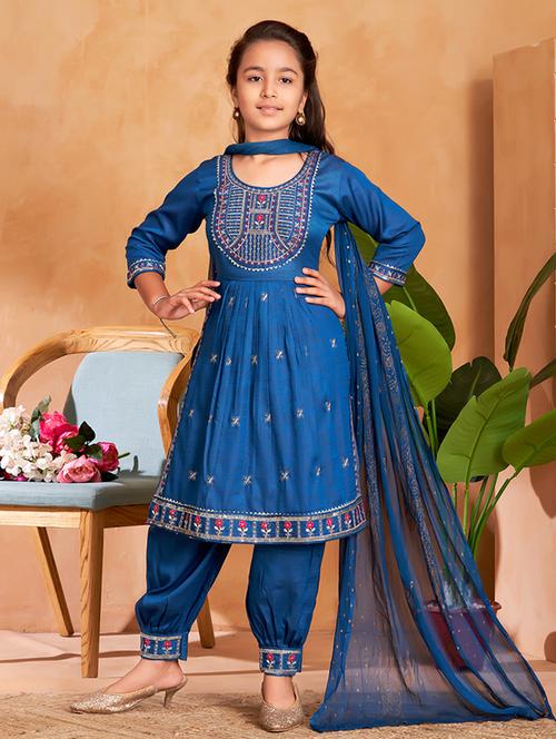 girls embroidered three quarter sleeve suit set - 22012022 -  Standard Image - 0