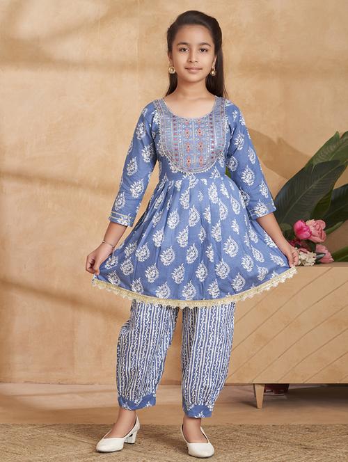 girls embroidered three quarter sleeve suit set - 22012024 -  Standard Image - 0