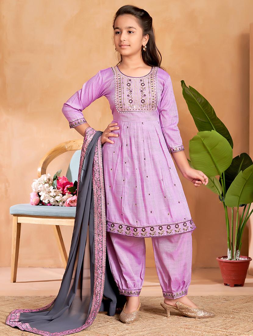 girls embroidered three quarter sleeve suit set - 22012025 -  Zoom Image - 0