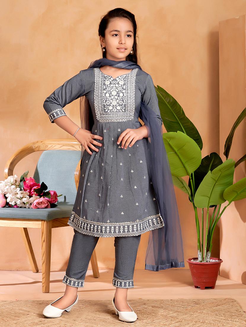 girls embroidered three quarter sleeve suit set - 22012026 -  Zoom Image - 0