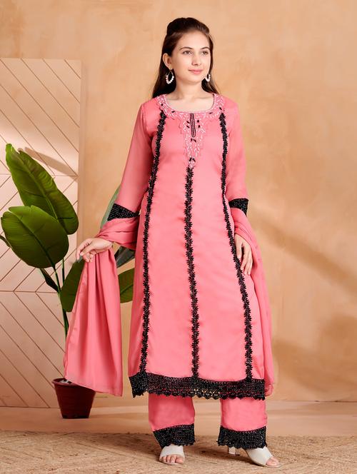 girls lace detailed three quarter sleeve suit set - 22012028 -  Standard Image - 0