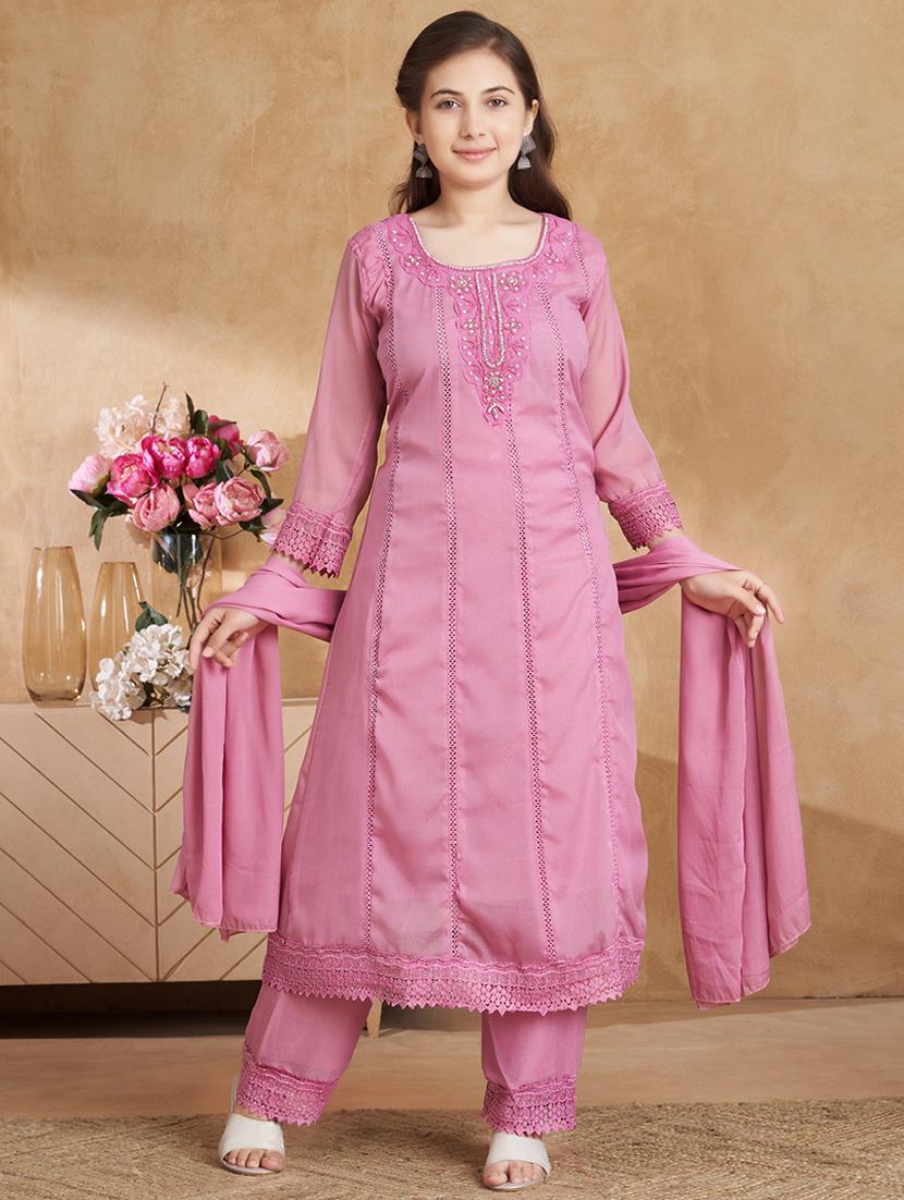 girls embroidered three quarter sleeve suit set - 22012029 -  Zoom Image - 0