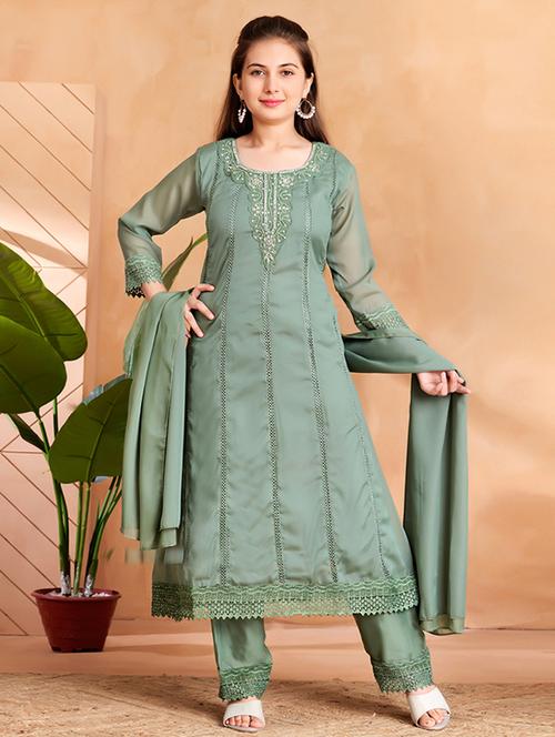 girls embroidered three quarter sleeve suit set - 22012030 -  Standard Image - 0