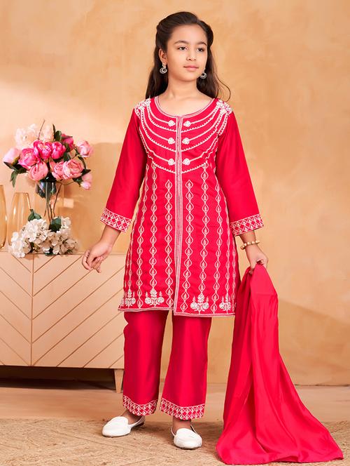 girls embroidered three quarter sleeve suit set - 22012032 -  Standard Image - 0