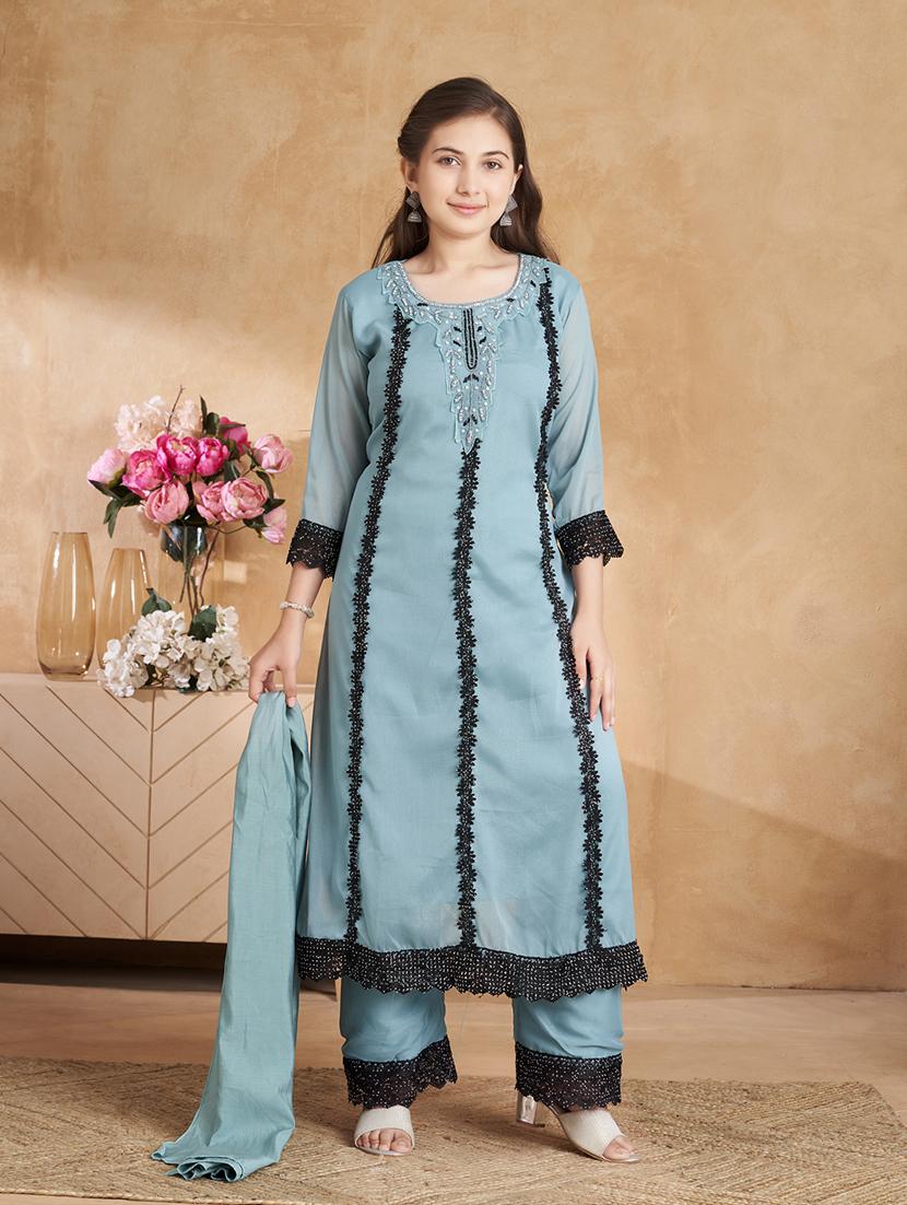girls embroidered kurta and pant with dupatta - 22012045 - Zoom Image - 0