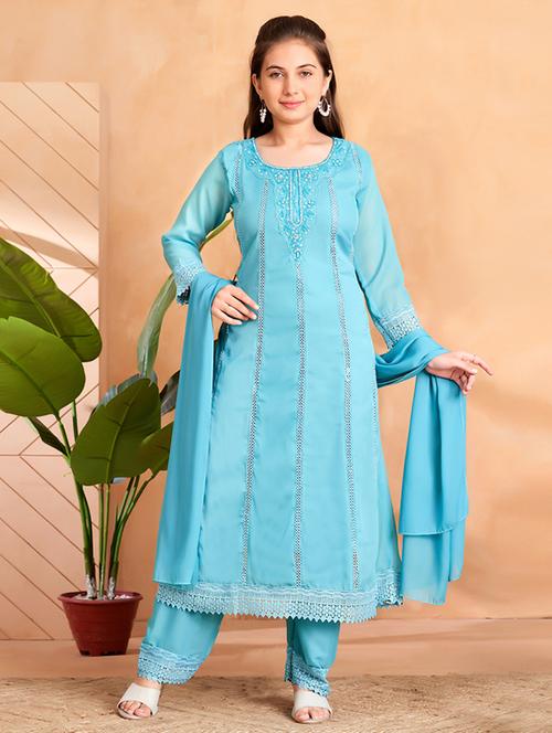 girls embroidered kurta and pant with dupatta - 22012046 - Standard Image - 0