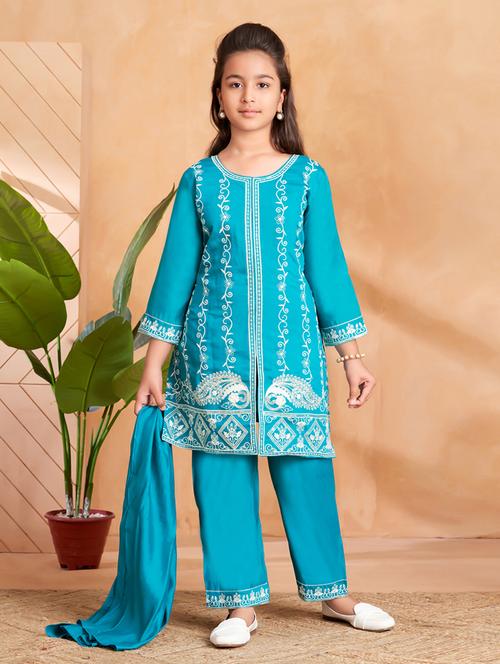 girls embroidered long sleeve kurta and pant set with dupataa - 22012047 - Standard Image - 0