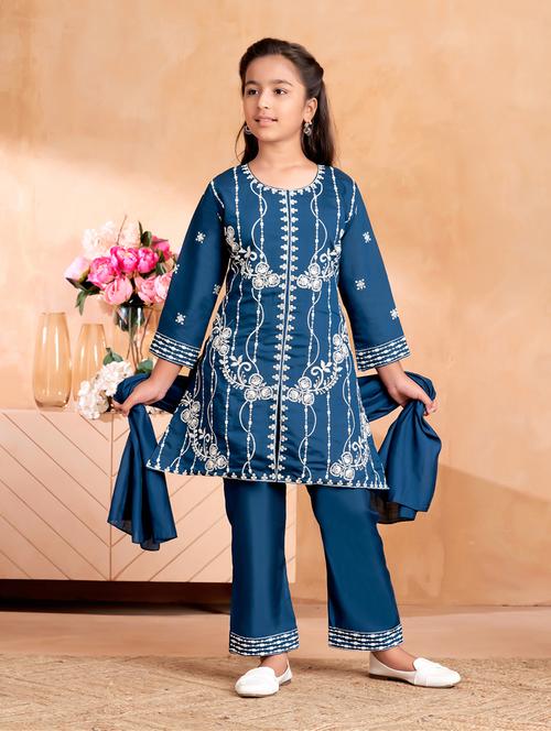 girls embroidered long sleeve kurta and pant set with dupataa - 22012048 -  Standard Image - 0