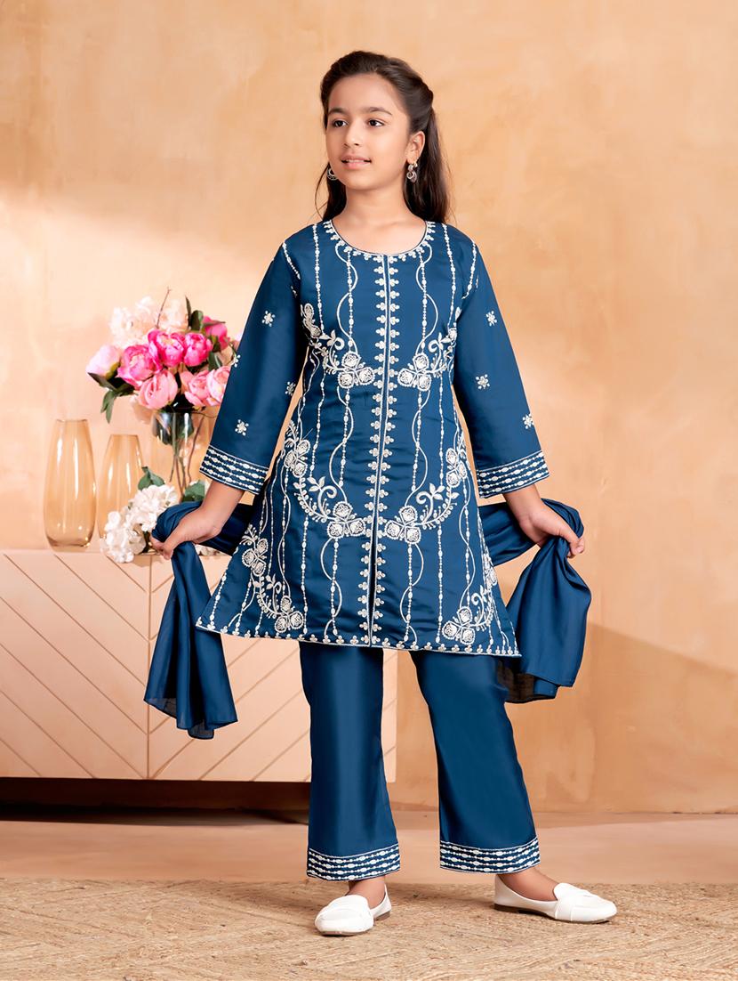 girls embroidered long sleeve kurta and pant set with dupataa - 22012048 -  Zoom Image - 0