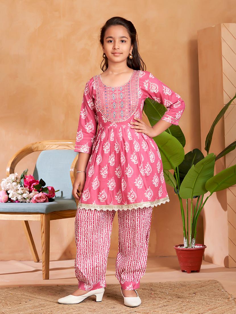 girls printed round neck kurta and salwar set - 22012058 -  Zoom Image - 0