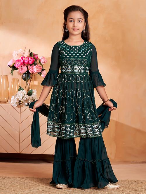 girls embroidered kurta and sharara set with dupatta - 22012066 -  Standard Image - 0