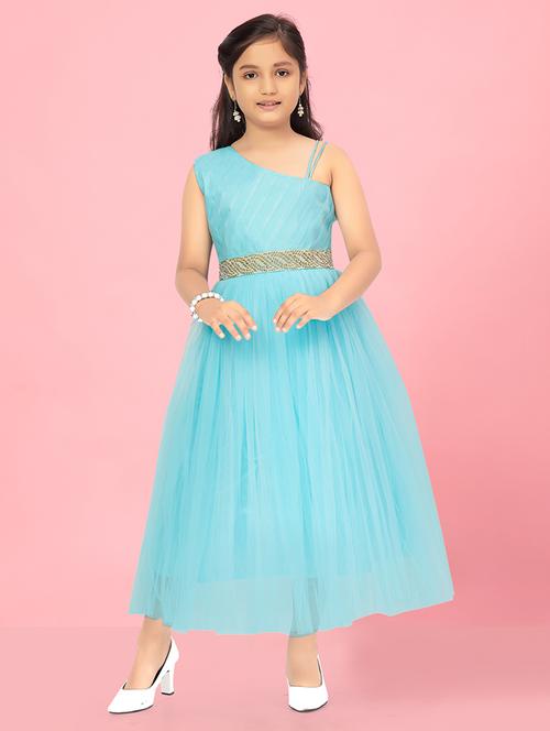 girls solid single shoulder fit & flare maxi dress - 22012081 -  Standard Image - 0