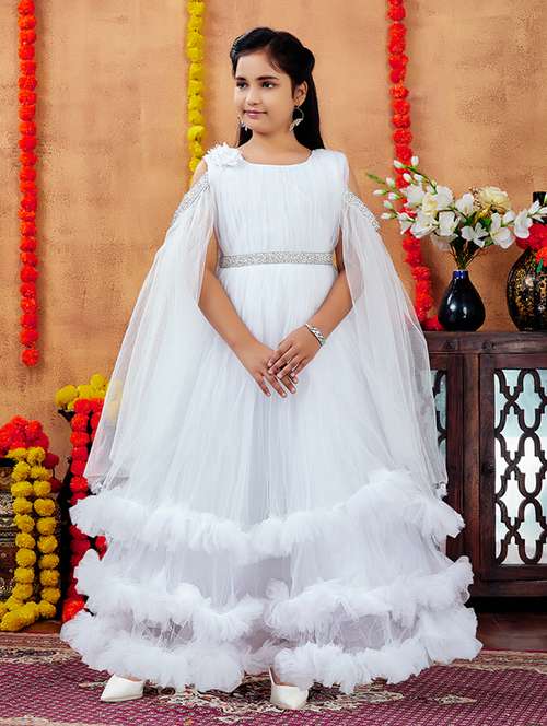 girls solid cape sleeves fit & flare maxi dress - 22012083 -  Standard Image - 0