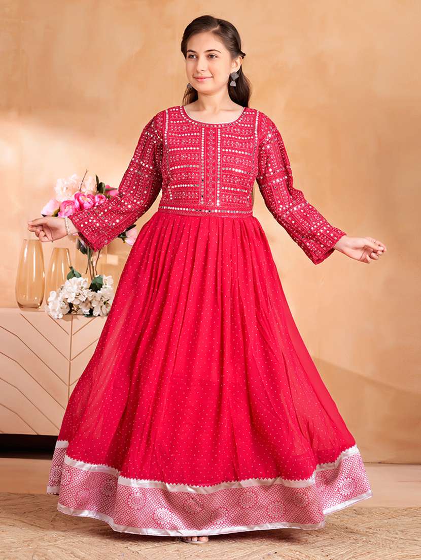 girls embroidered long sleeve fit & flare gown