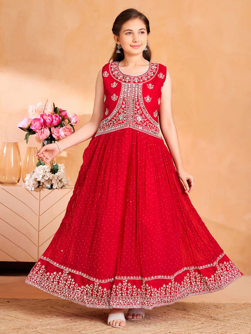 girls embroidered sleeveless fit & flare gown - 22012093 -  Zoom Image - 0