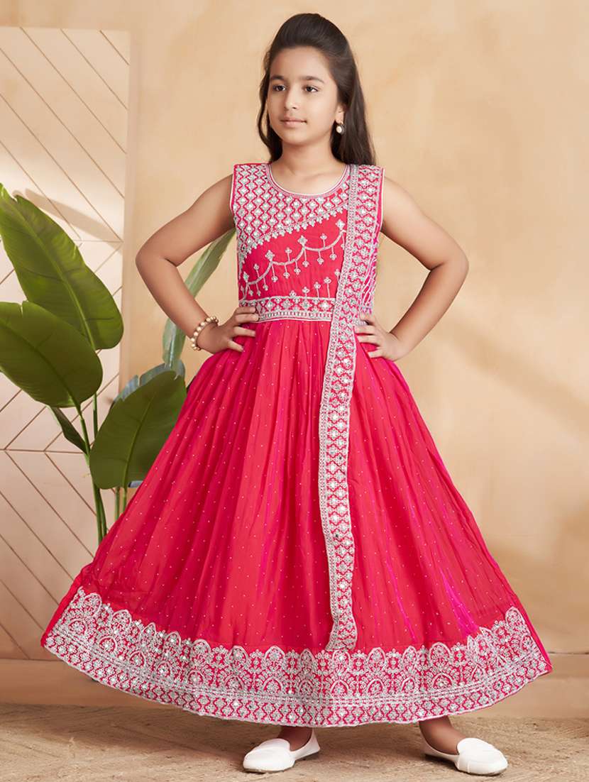 girls embroidered sleeveless flared gown