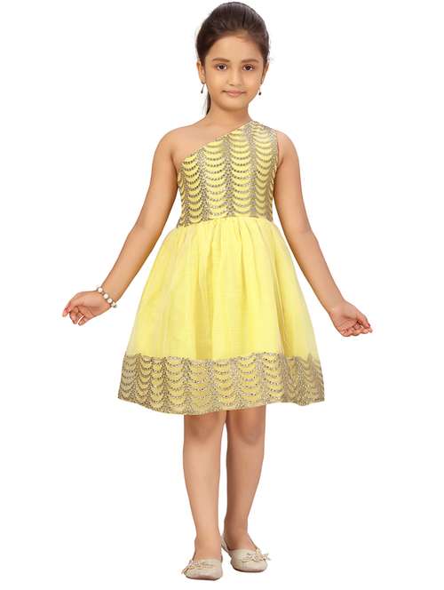 yellow embellished single shoulder fit & flare dress - 22012120 -  Standard Image - 0