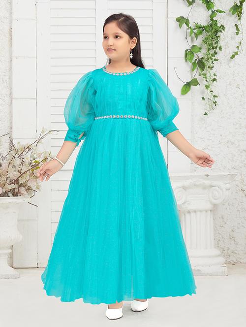 girls solid puff sleeves fit & flare dress - 22012122 -  Standard Image - 0