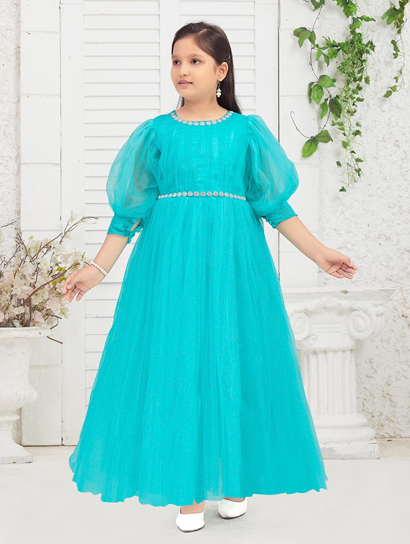 girls solid puff sleeves fit & flare dress - 22012122 -  Zoom Image - 0