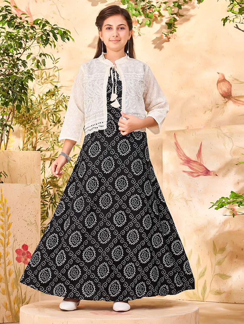 girls printed a-line gown with jacket