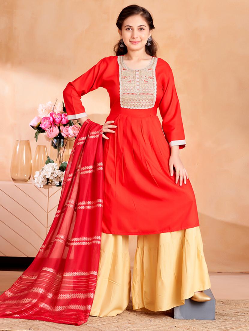 girls embroidered kurta palazzo set with dupatta - 22012140 -  Zoom Image - 0