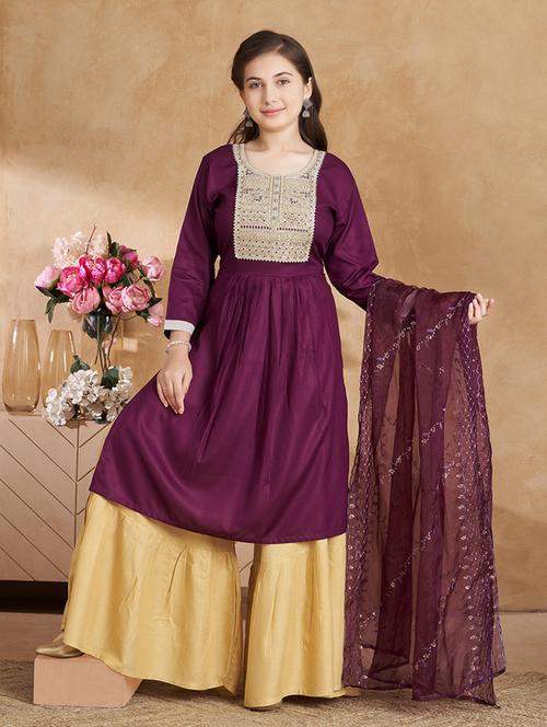girls embroidered kurta palazzo set with dupatta - 22012141 -  Standard Image - 0