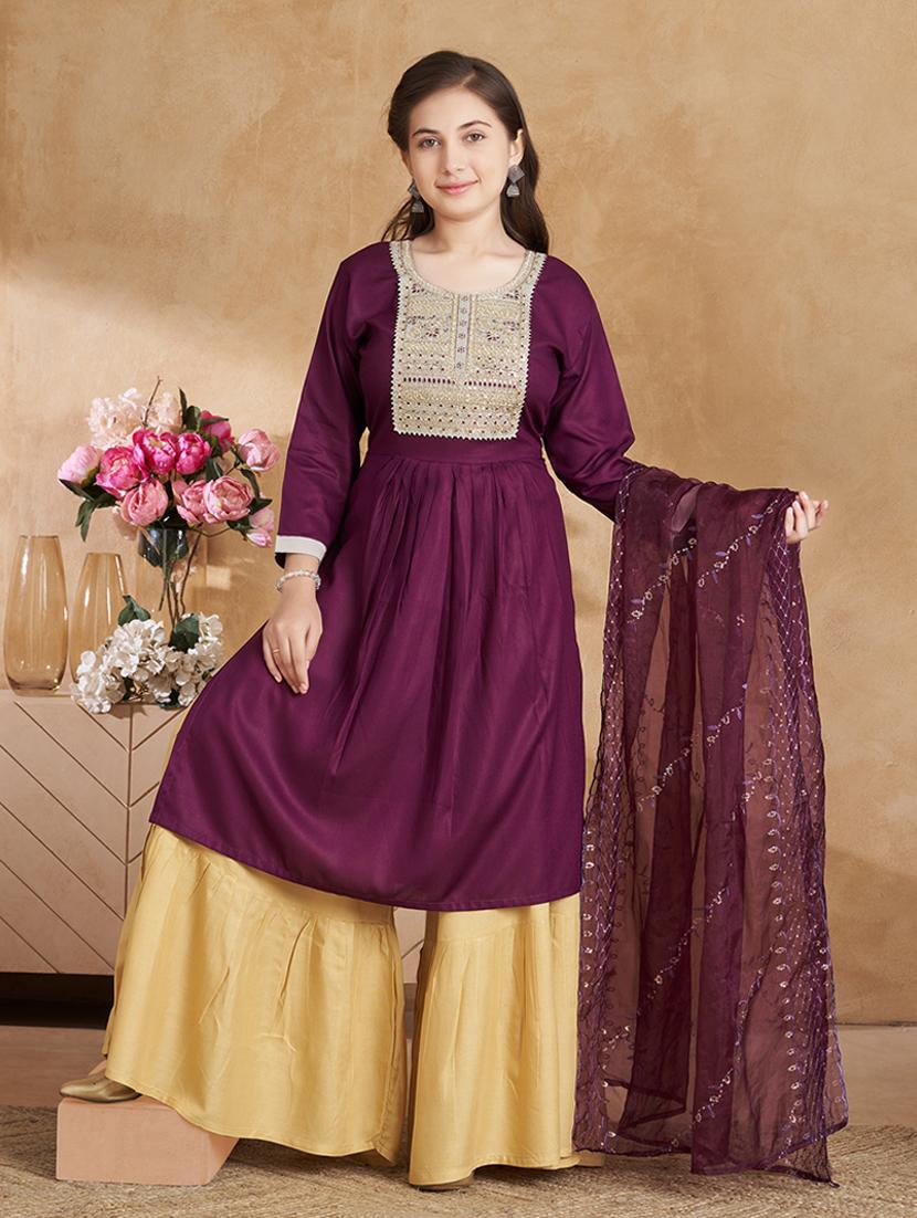 girls embroidered kurta palazzo set with dupatta - 22012141 -  Zoom Image - 0