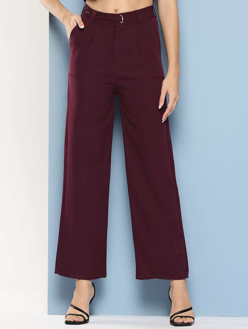 girls solid high rise straight trouser