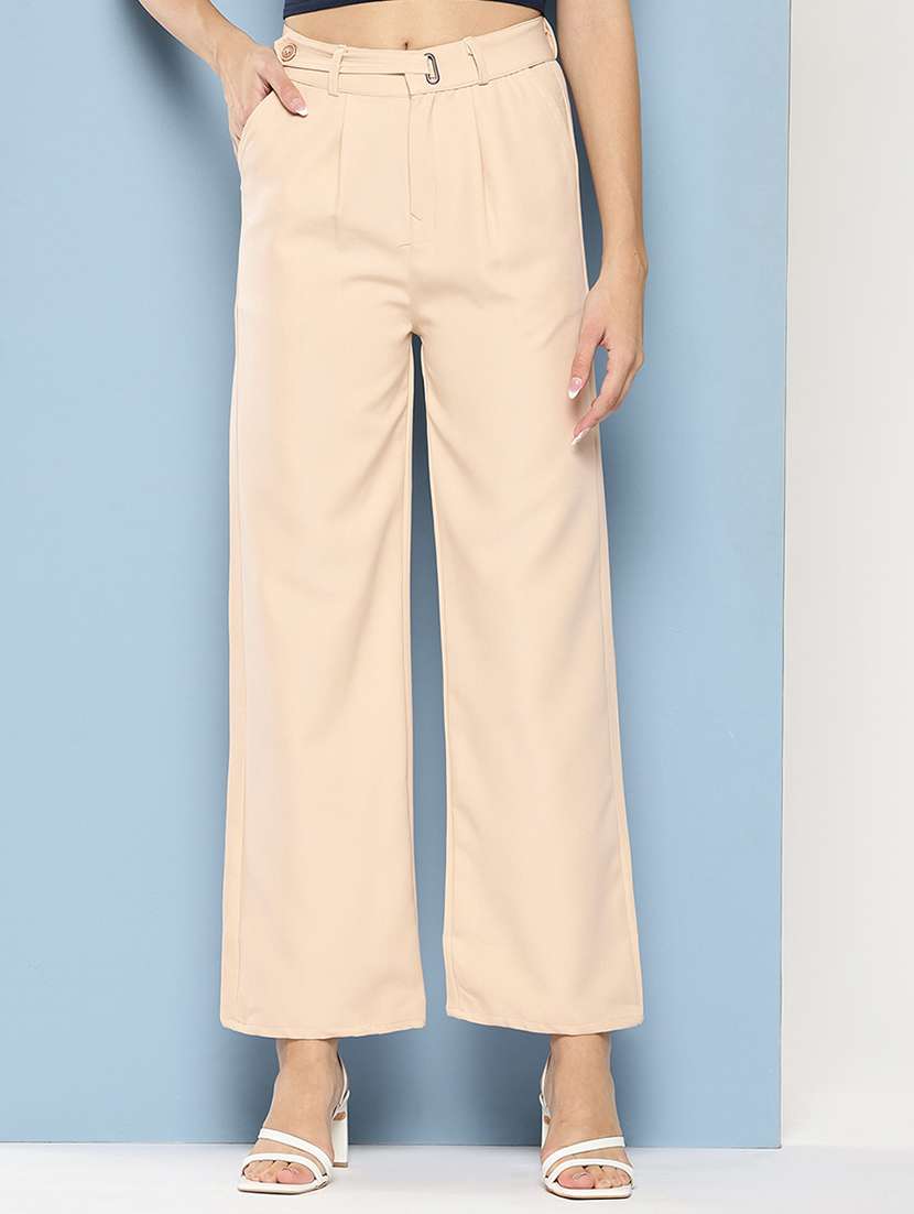girls solid high rise straight trouser