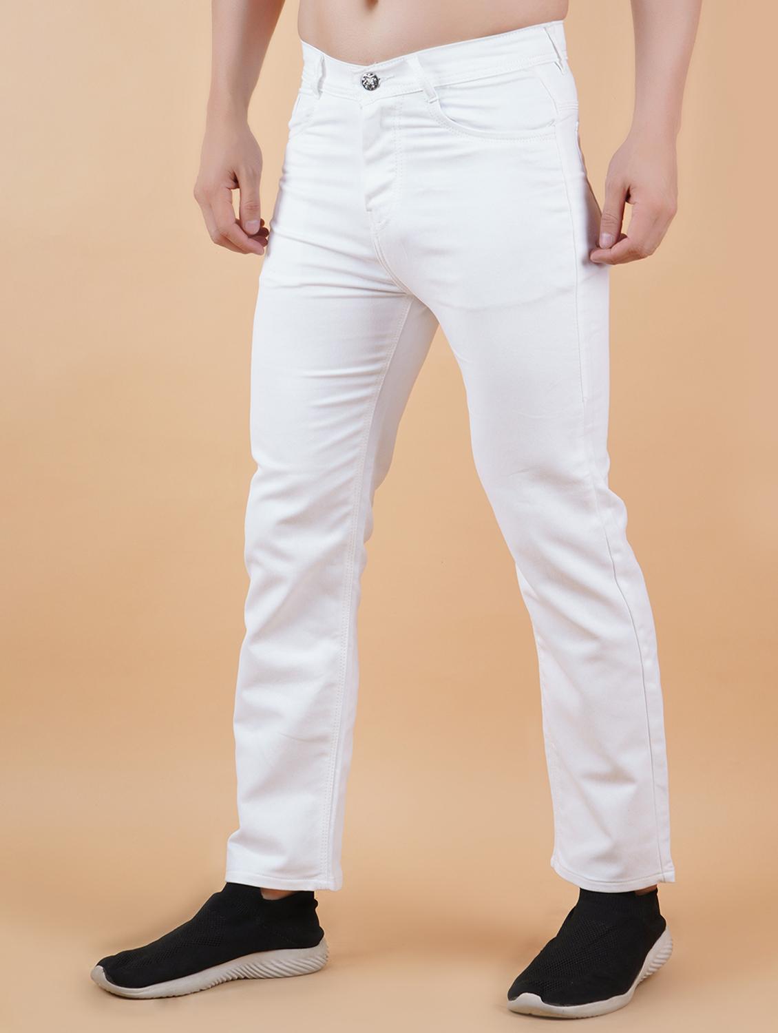 men white plain mid rise straight fit jeans