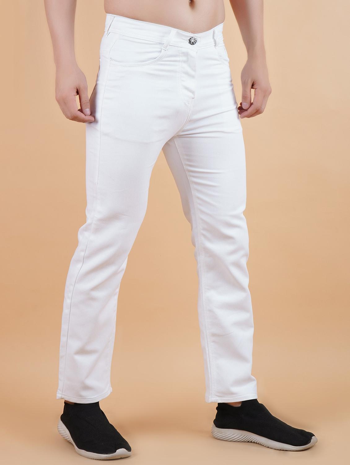 men white plain mid rise straight fit jeans