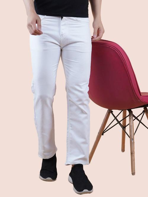 men white plain mid rise straight fit jeans - 22012245 - Standard Image - 0