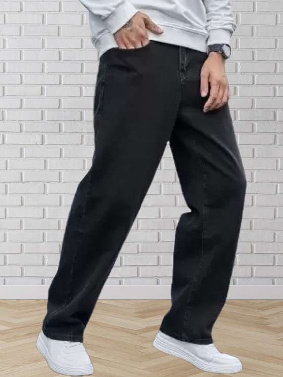 men black plain mid rise baggy jeans - 22012287 - Zoom Image - 0