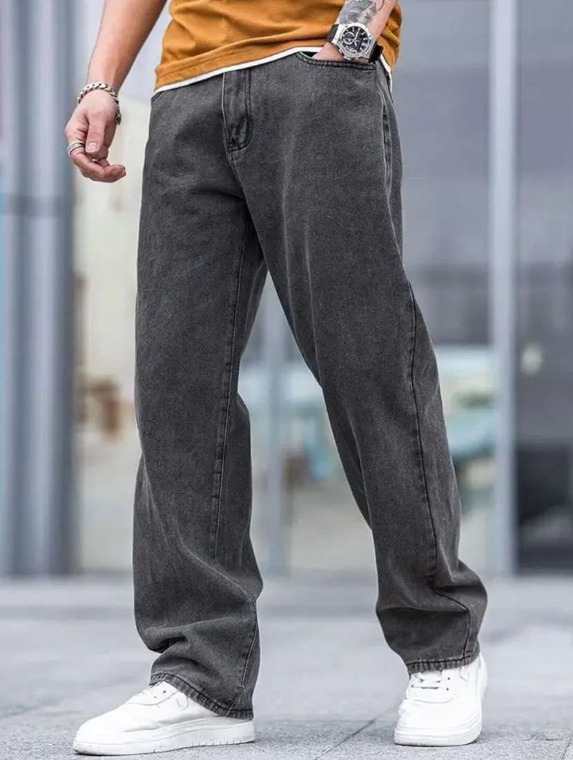 men grey plain mid rise baggy jeans - 22012367 -  Zoom Image - 0