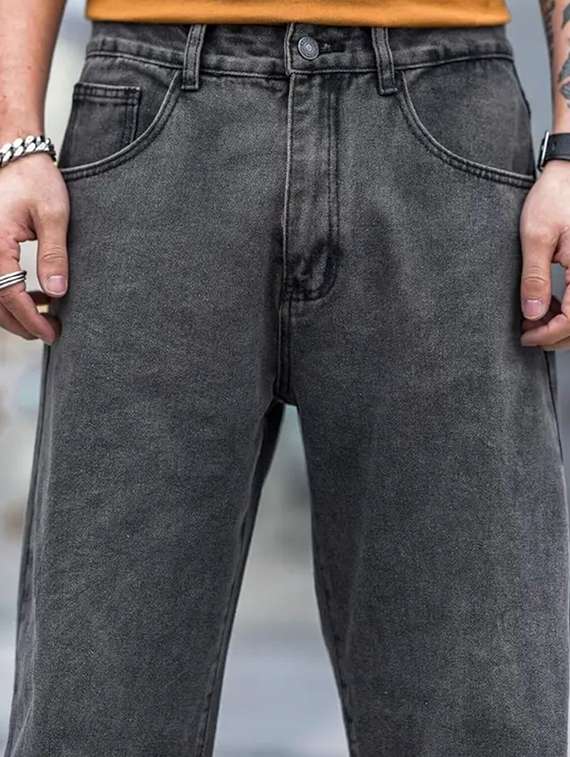 men grey plain mid rise baggy jeans - 22012367 - Standard Image - 3