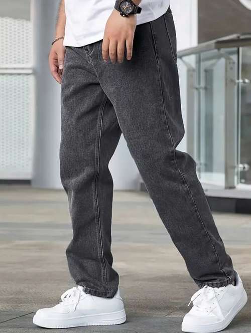 men grey plain mid rise relaxed fit jeans - 22012373 -  Standard Image - 0